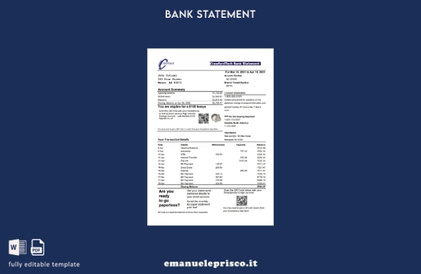 modello Excel di estratto conto bancario Canada CrawfordTech in stile verificato